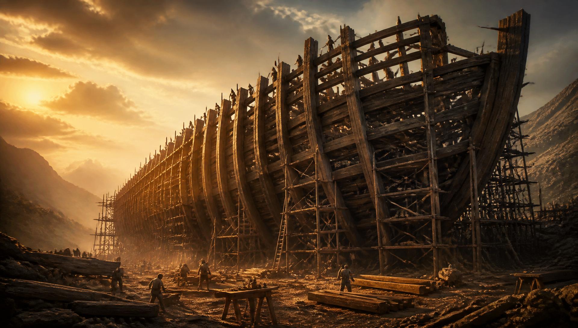 The ark being built with scaffolding and workers