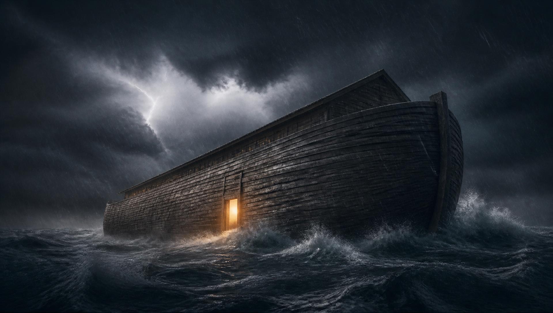 The finished ark in the storm and rising flood